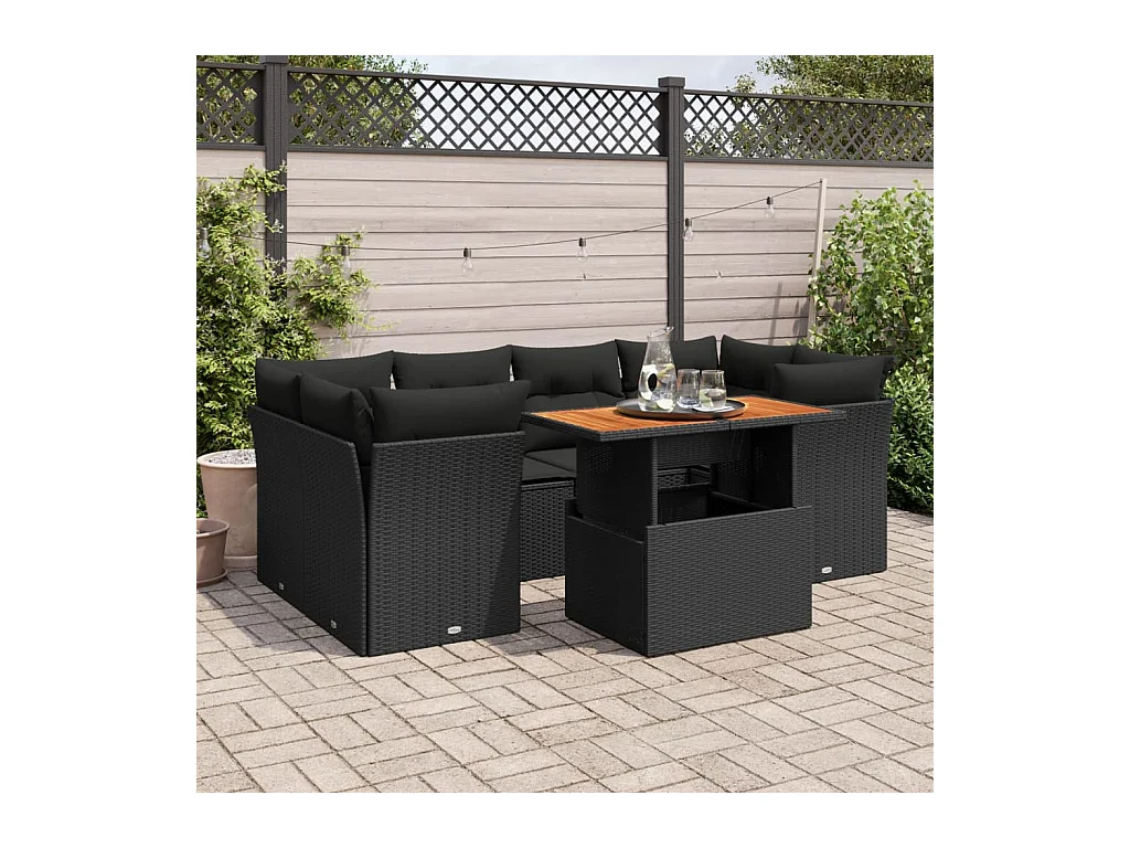 Salon de jardin 7 pcs avec coussins noir résine tressée
