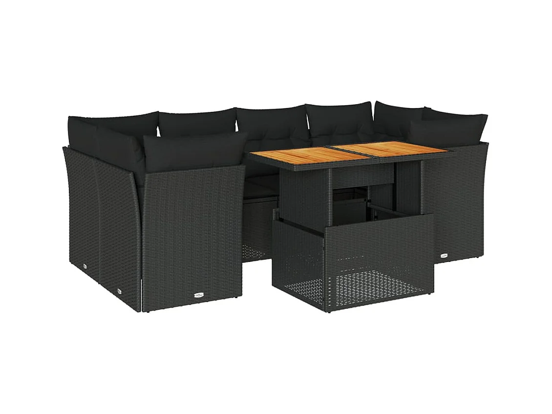 7-teiliges Gartenmöbelset mit schwarzen Kissen aus gewebtem Harz