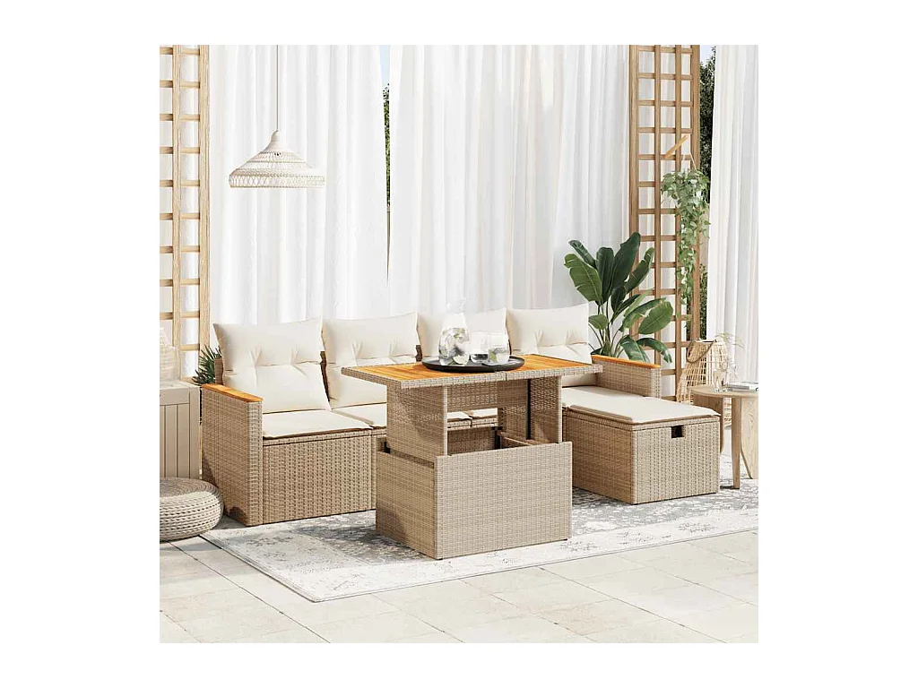 Salon de jardin avec coussins 6 pcs beige résine tressée