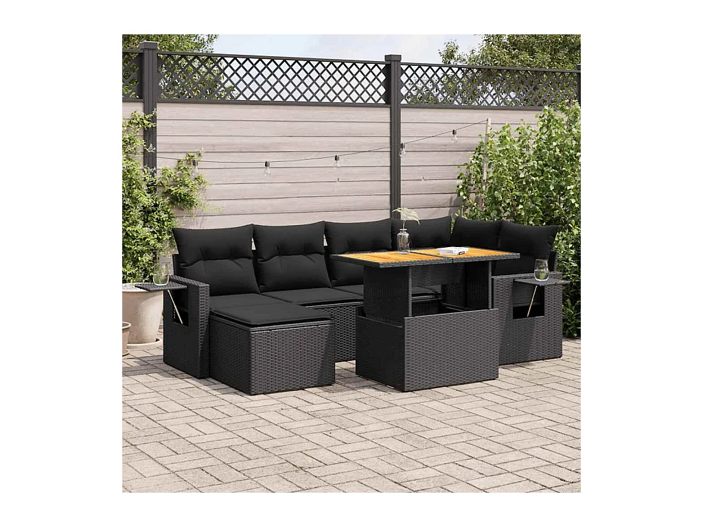 Salon de jardin 7 pcs avec coussins noir résine tressée