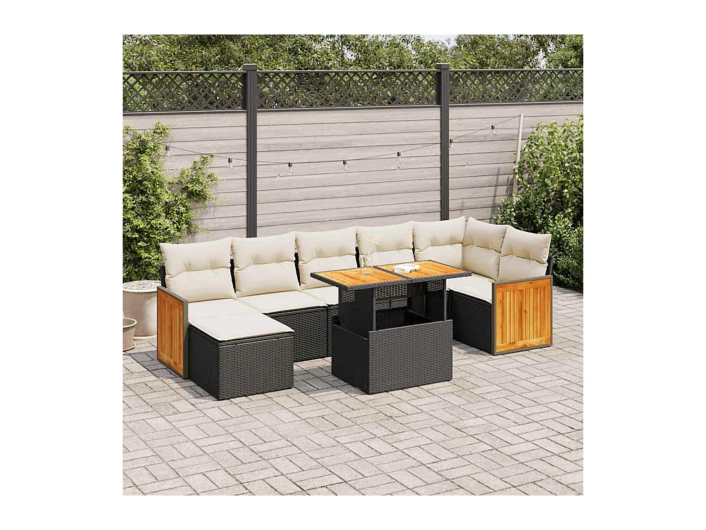 Salon de jardin avec coussins 8 pcs noir résine tressée acacia