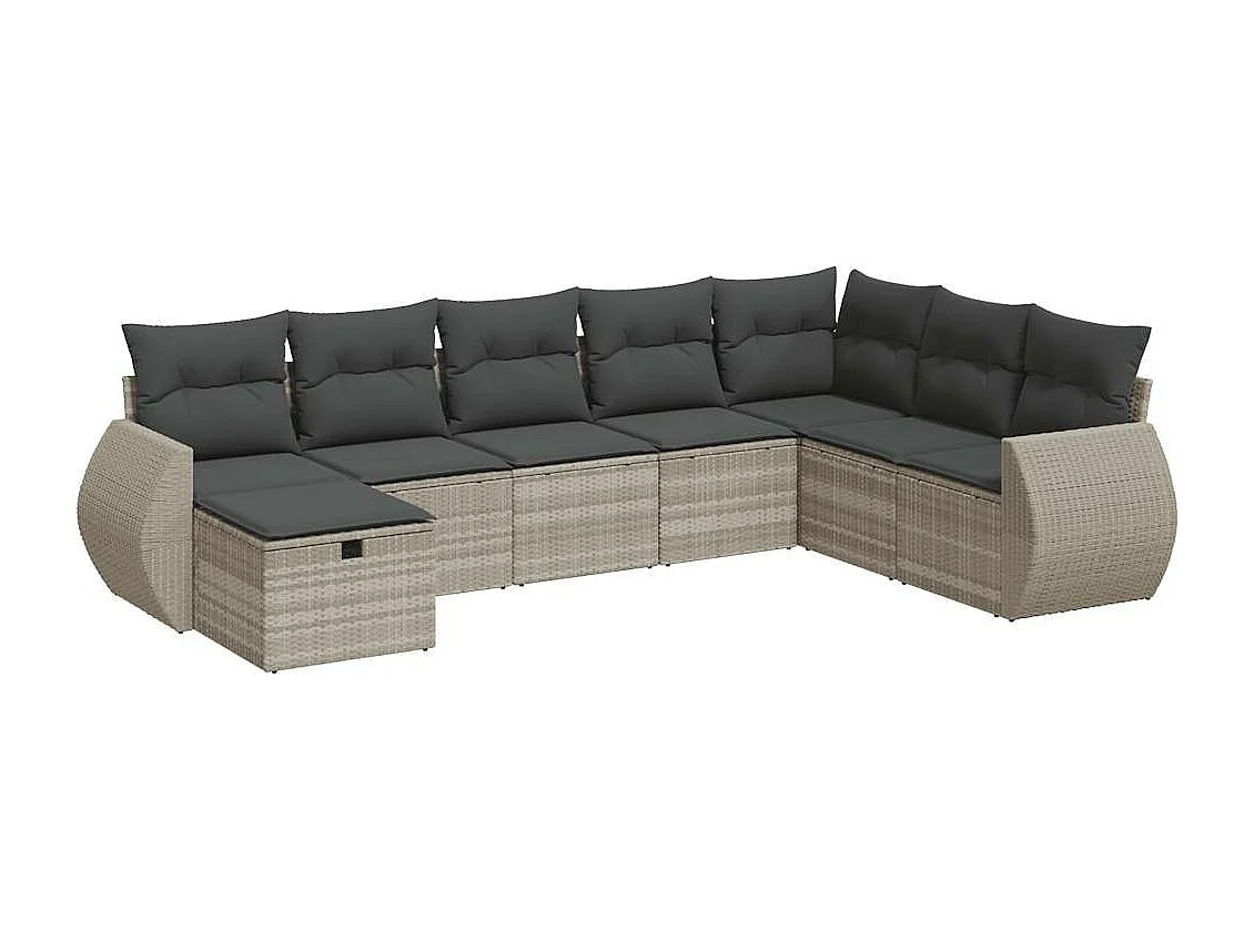 Set di mobili da giardino da 8 pezzi con cuscini grigio chiaro in resina intrecciata