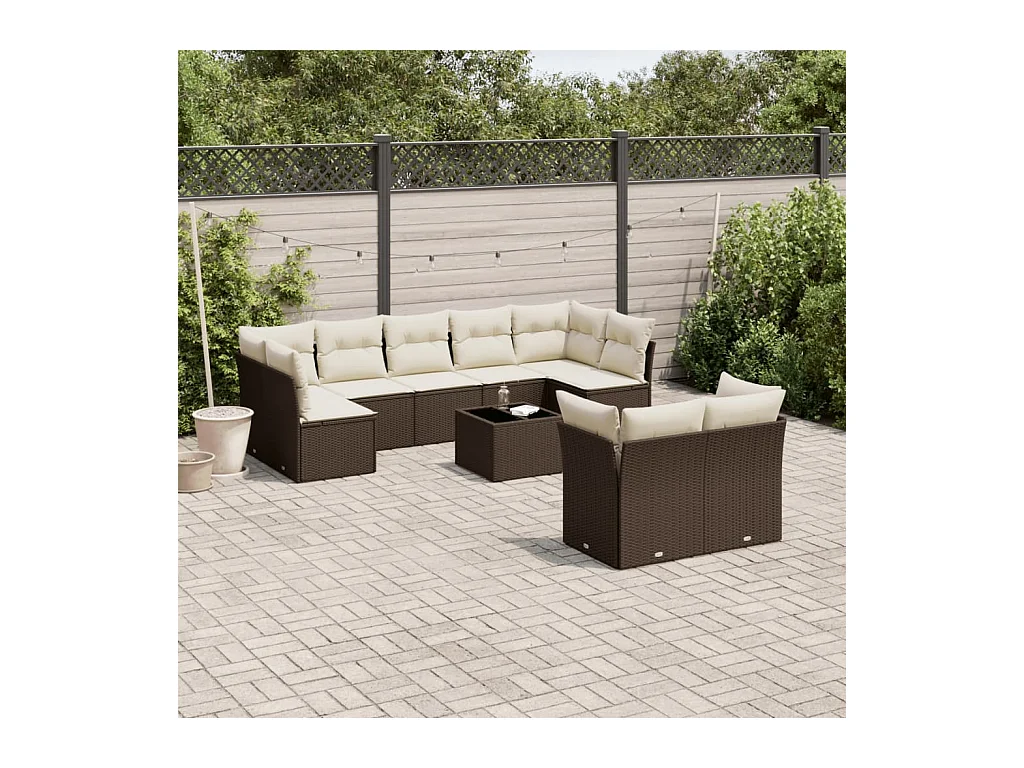 Salon de jardin 10 pcs avec coussins marron résine tressée