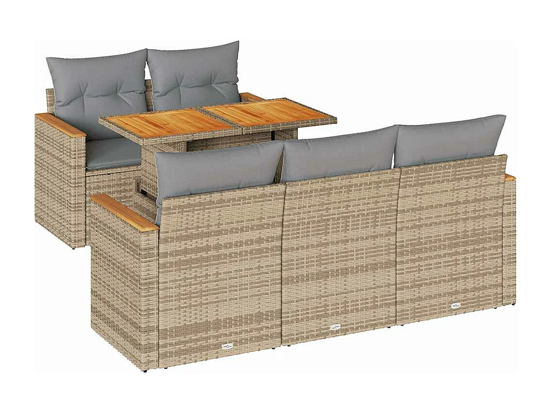 Set di mobili da giardino da 6 pezzi con cuscini beige in vimini di resina di acacia