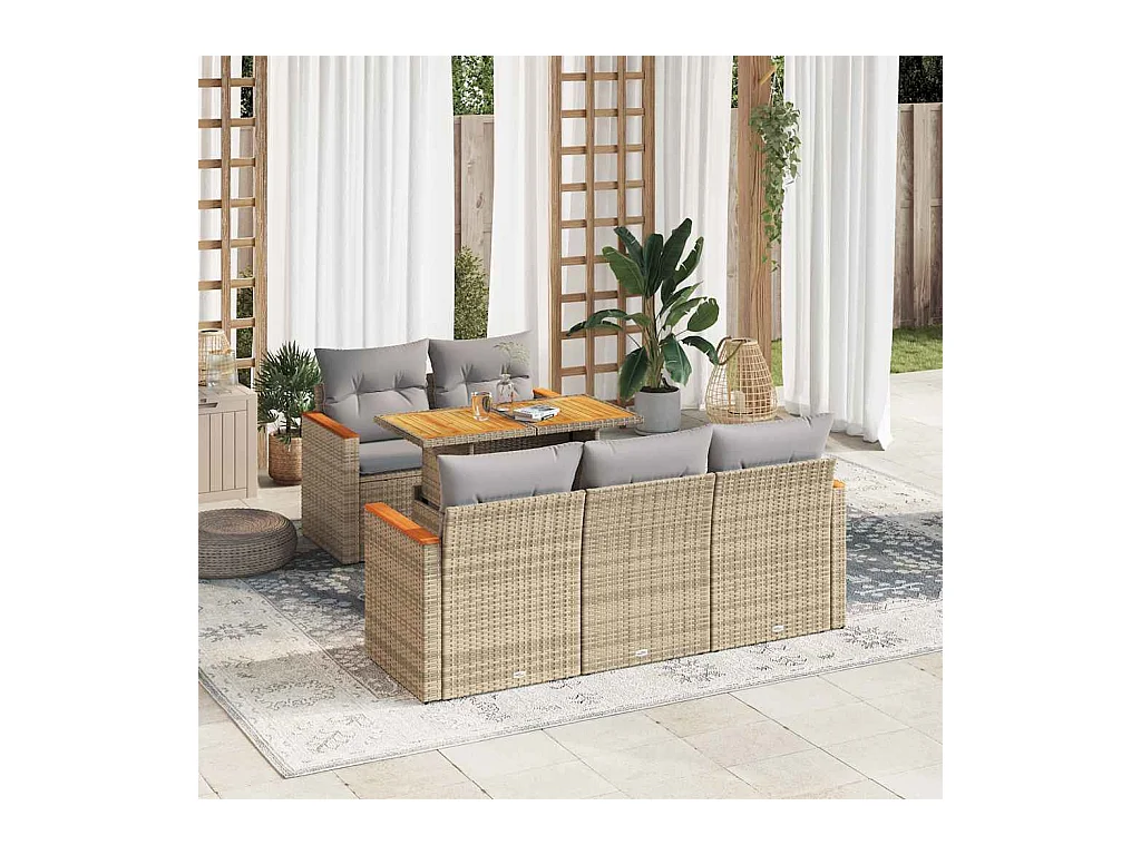 Salon de jardin 6 pcs avec coussins beige résine tressée acacia