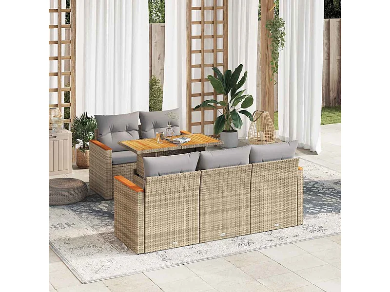 Set di mobili da giardino da 6 pezzi con cuscini beige in vimini di resina di acacia