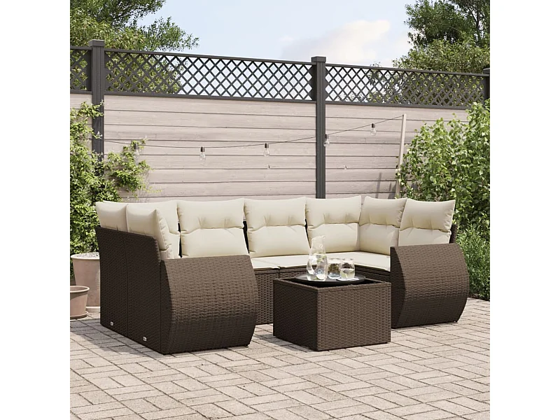 Salon de jardin avec coussins 7 pcs marron résine tressée
