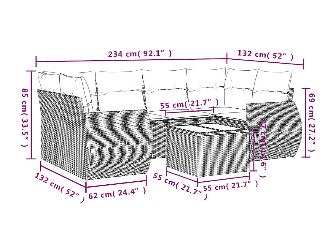 Salon de jardin avec coussins 7 pcs marron résine tressée