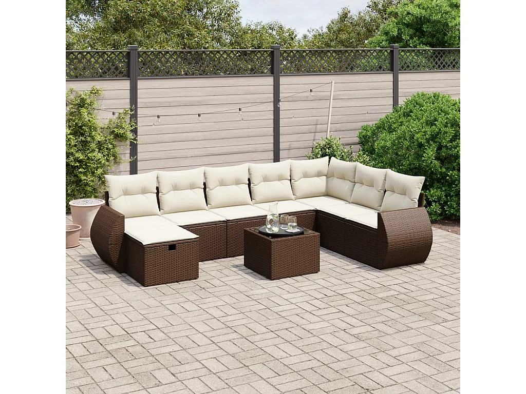 Set mobili da giardino con cuscini 9 pezzi in vimini marrone resina