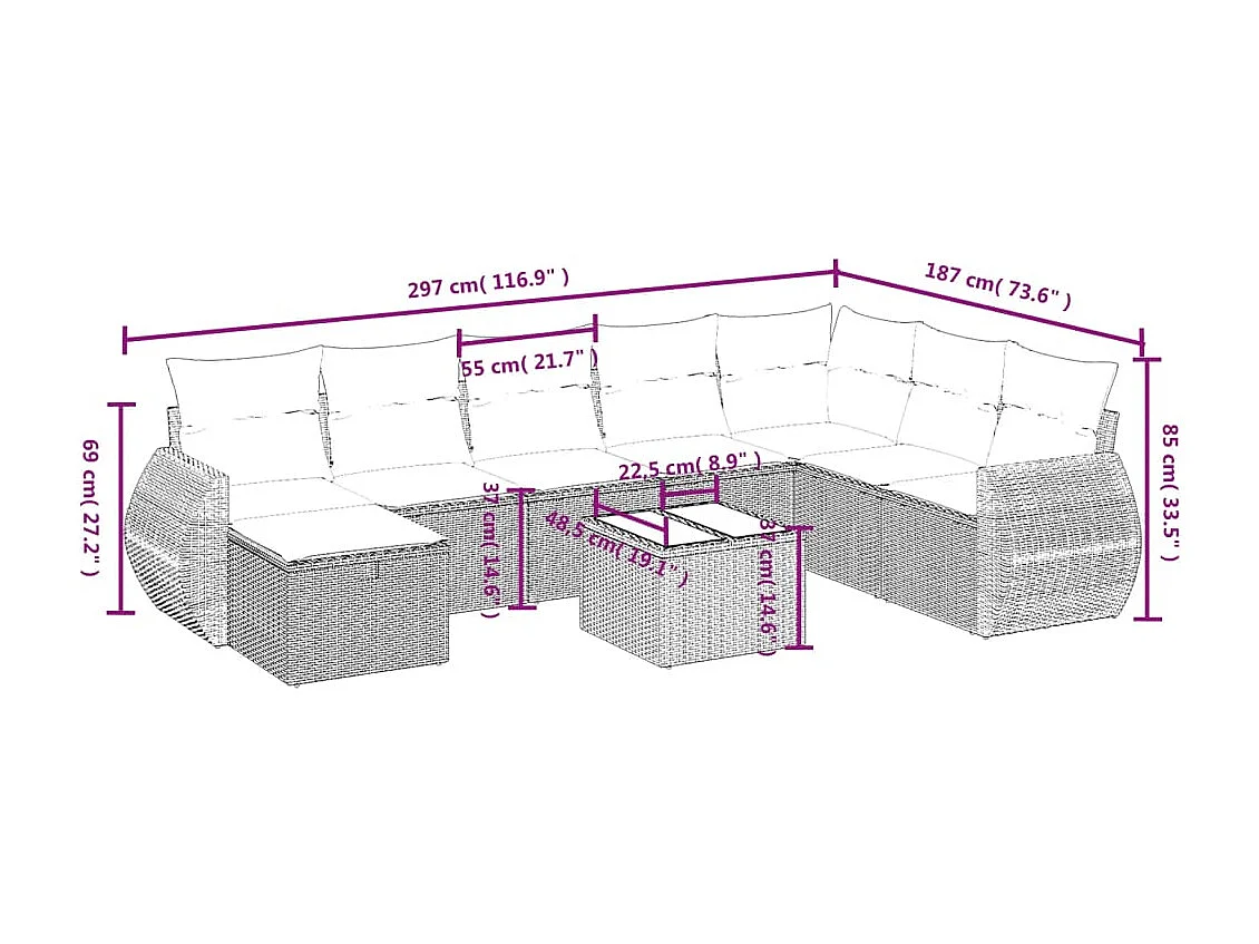 Salon de jardin avec coussins 9 pcs marron résine tressée