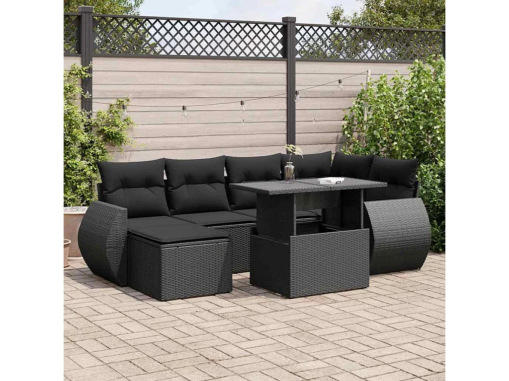 Salon de jardin 7 pcs avec coussins noir résine tressée