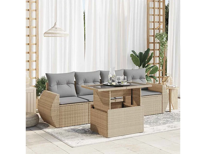 Conjunto de muebles de jardín con cojines 5 piezas resina tejida beige
