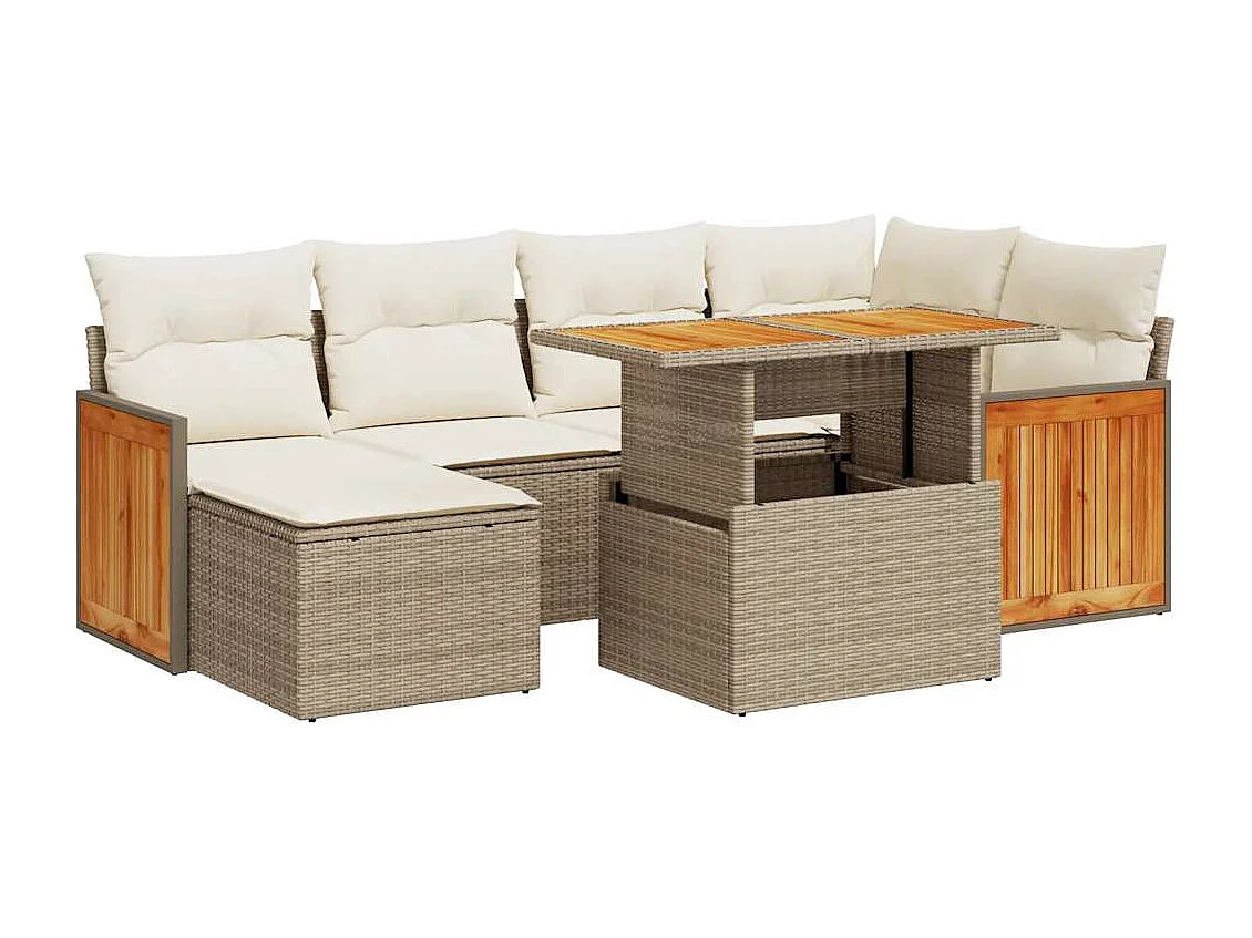 Set mobili da giardino con cuscini 7 pz beige resina vimini acacia