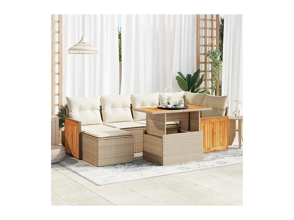 Salon de jardin avec coussins 7 pcs beige résine tressée acacia