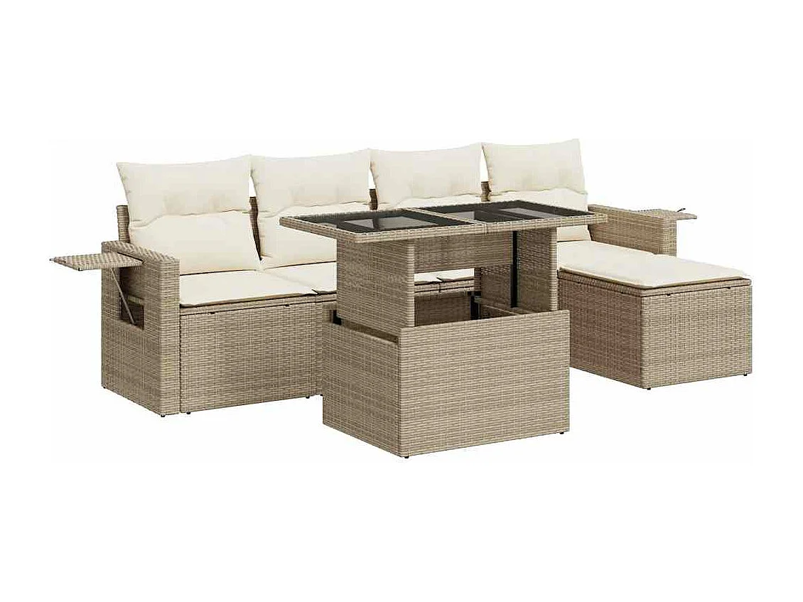 Conjunto de muebles de jardín con cojines 6 piezas resina tejida beige