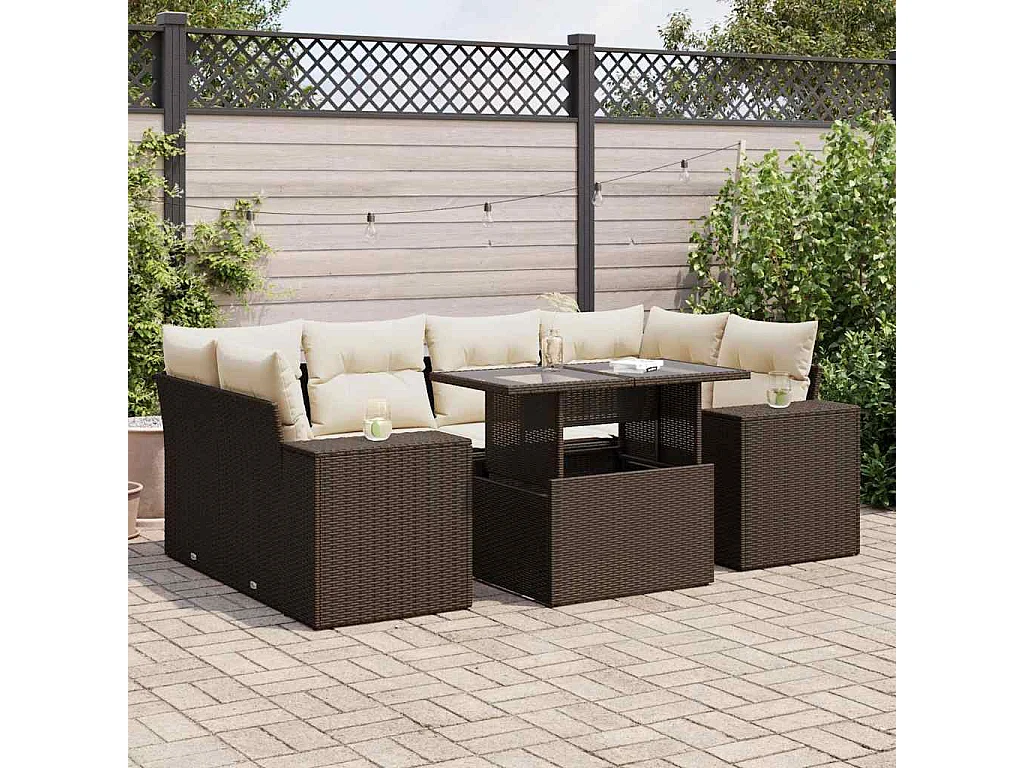 Salon de jardin avec coussins 7 pcs marron résine tressée