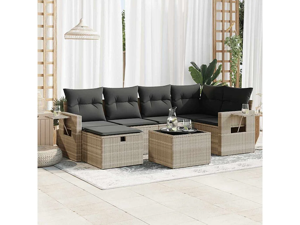 Set di mobili da giardino con cuscini 7 pezzi in resina intrecciata grigio chiaro