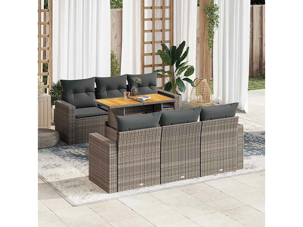Salon de jardin avec coussins 7 pcs gris résine tressée