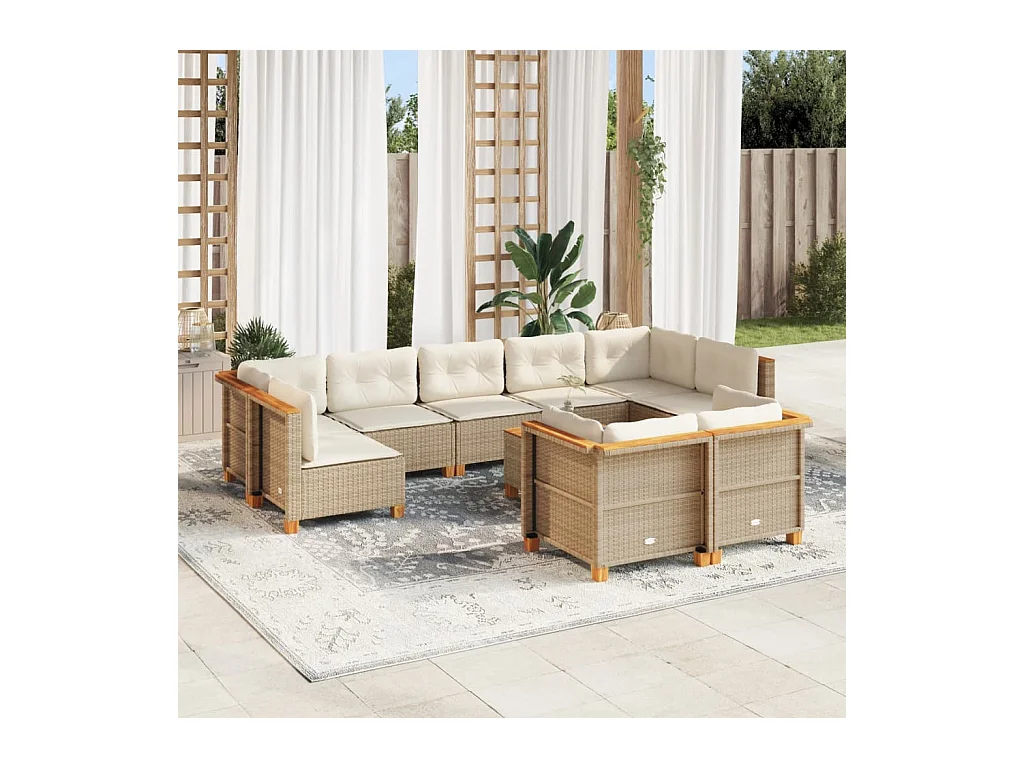 Salon de jardin avec coussins 10 pcs beige résine tressée