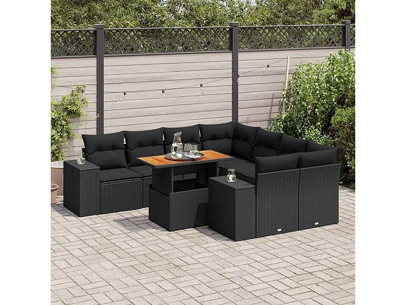 Salon de jardin 9 pcs avec coussins noir résine tressée