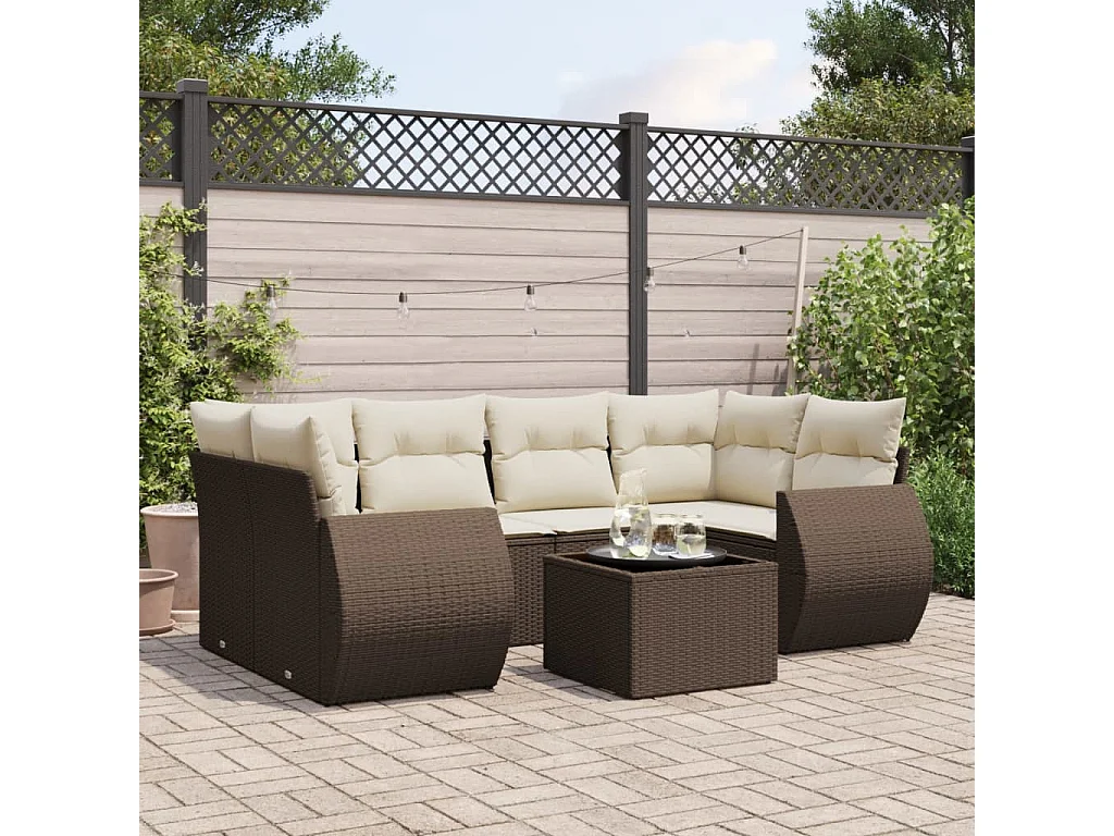 Set mobili da giardino con cuscini 7 pz in resina vimini marrone