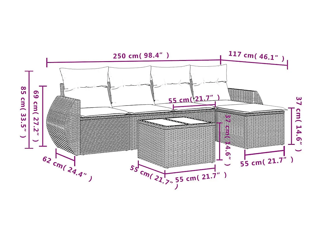 Set di mobili da giardino con cuscini 6 pezzi in resina intrecciata marrone
