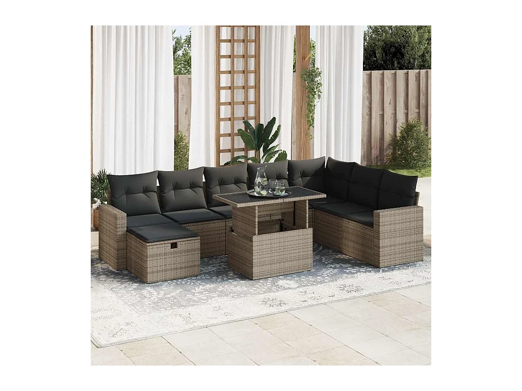 Salon de jardin 9 pcs avec coussins gris résine tressée