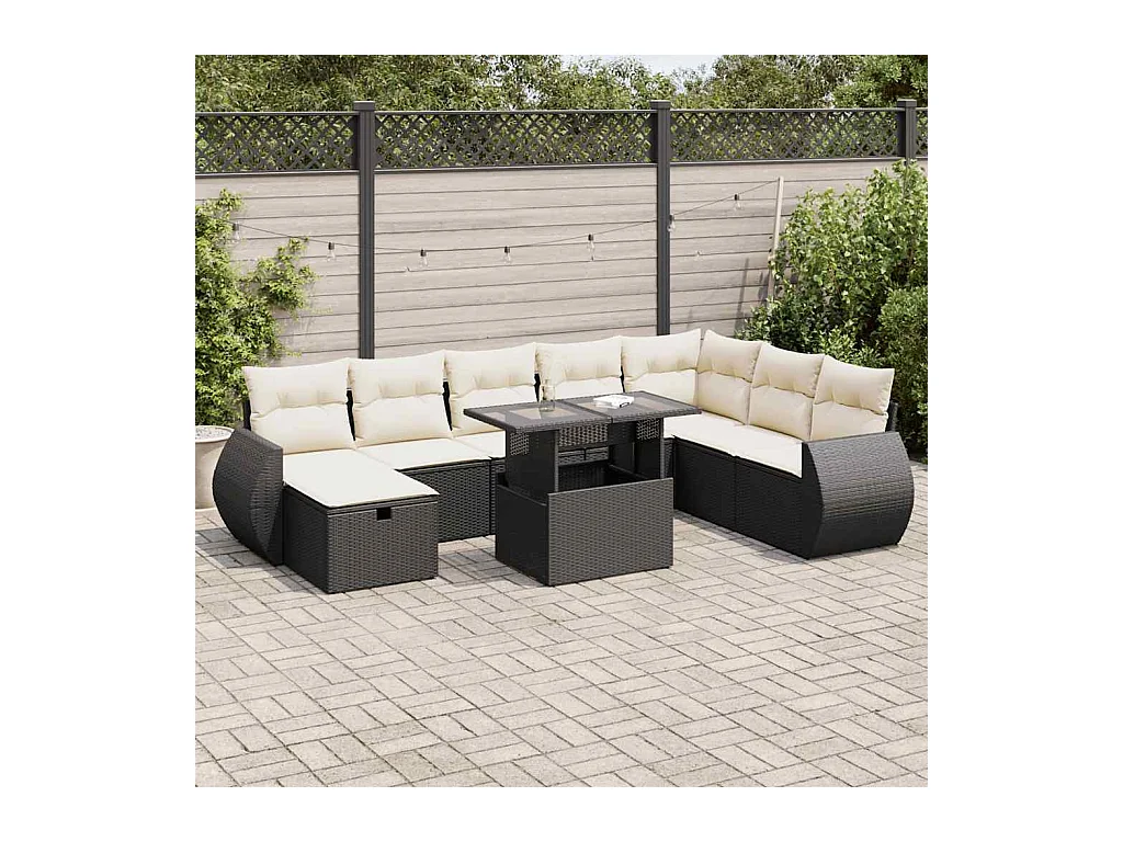 Set di mobili da giardino da 9 pezzi con cuscini neri in resina intrecciata