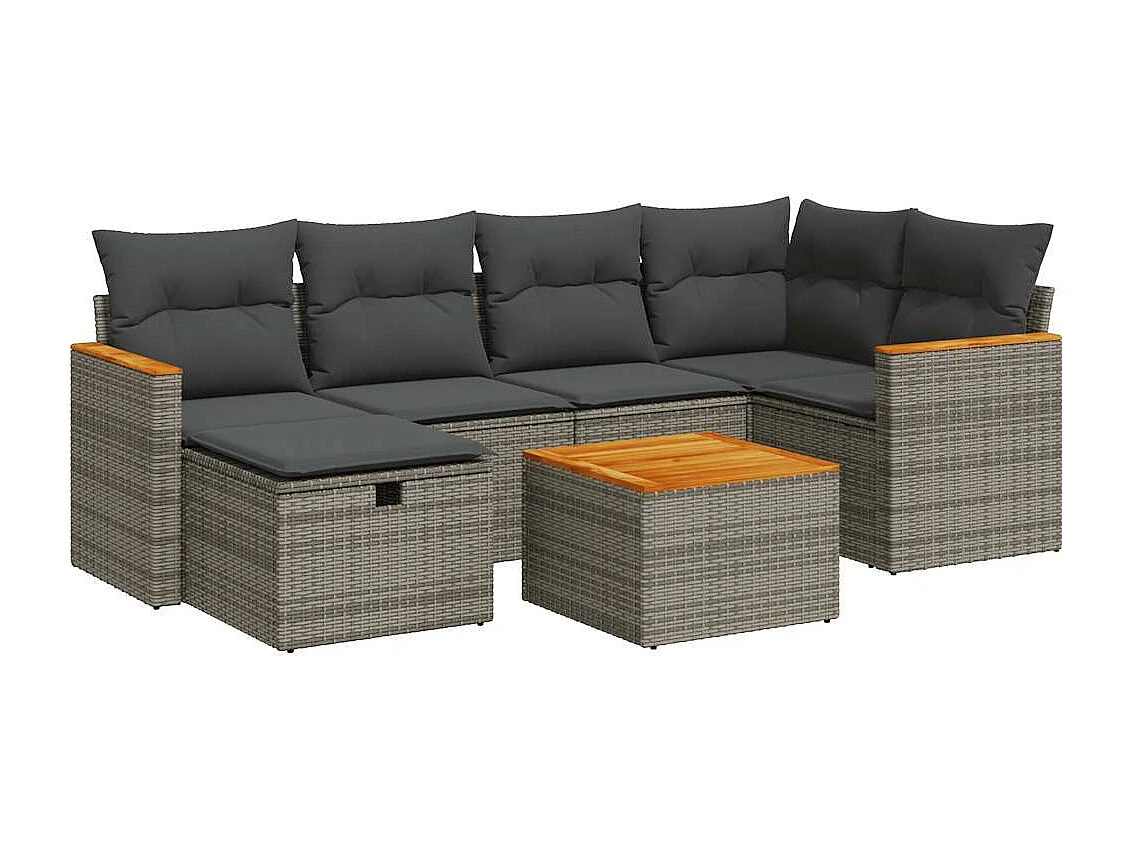 Salon de jardin avec coussins 7 pcs gris résine tressée