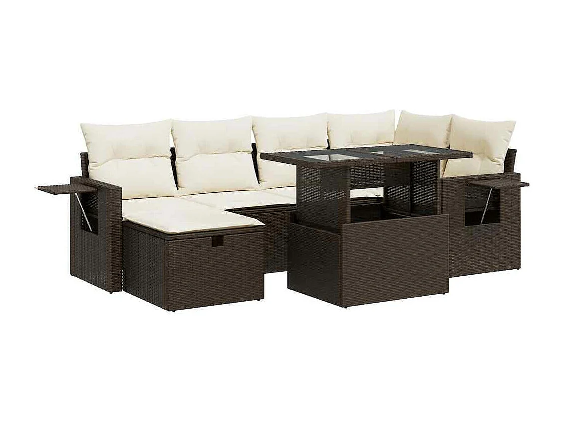 Set mobili da giardino con cuscini 7 pz in resina vimini marrone