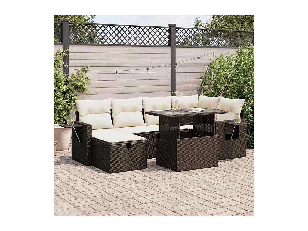 Set mobili da giardino con cuscini 7 pz in resina vimini marrone