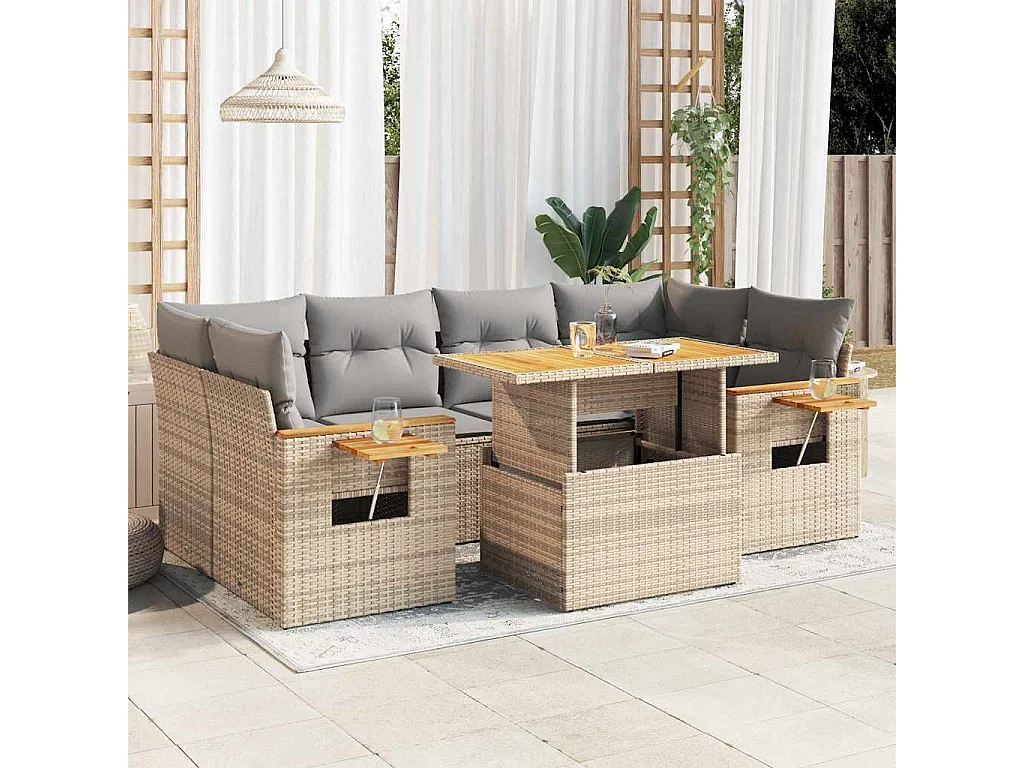 Conjunto de móveis de jardim com almofadas 7 peças vime resina bege acácia