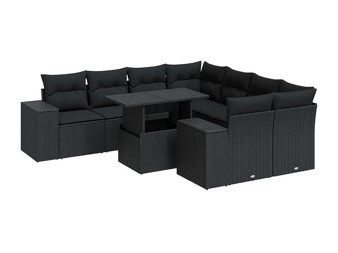 Set di mobili da giardino da 9 pezzi con cuscini neri in resina intrecciata