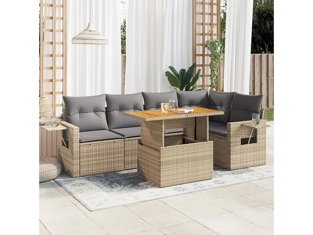 Gartenmöbel-Set mit Kissen 6-tlg. beige gewebtes Harz