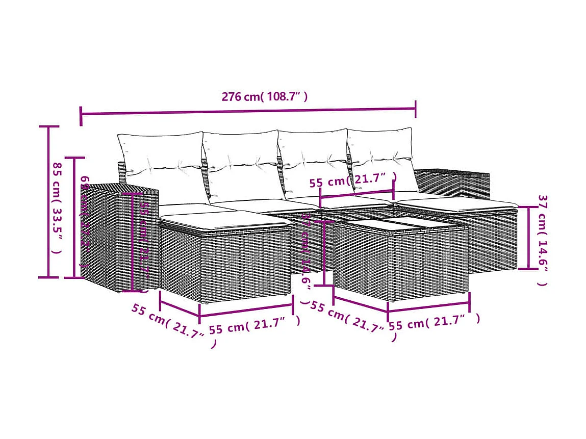 Set mobili da giardino con cuscini 7 pz in resina vimini marrone