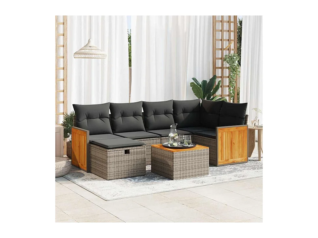 Salon de jardin avec coussins 7 pcs gris résine tressée