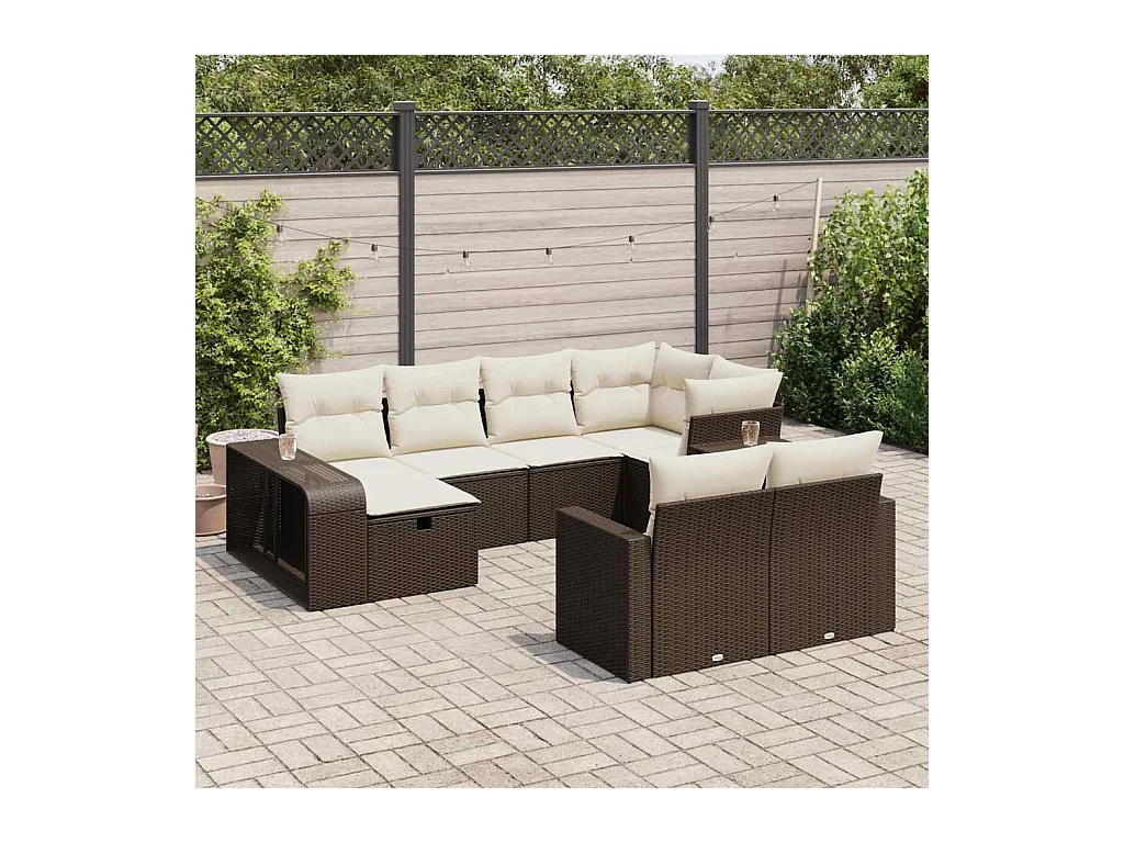 Set di mobili da giardino da 10 pezzi con cuscini marroni in resina intrecciata