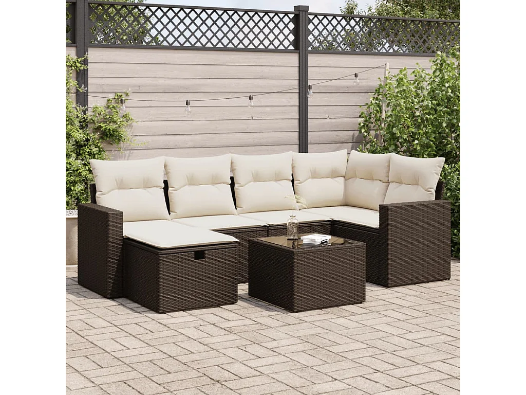 Set mobili da giardino con cuscini 7 pz in resina vimini marrone