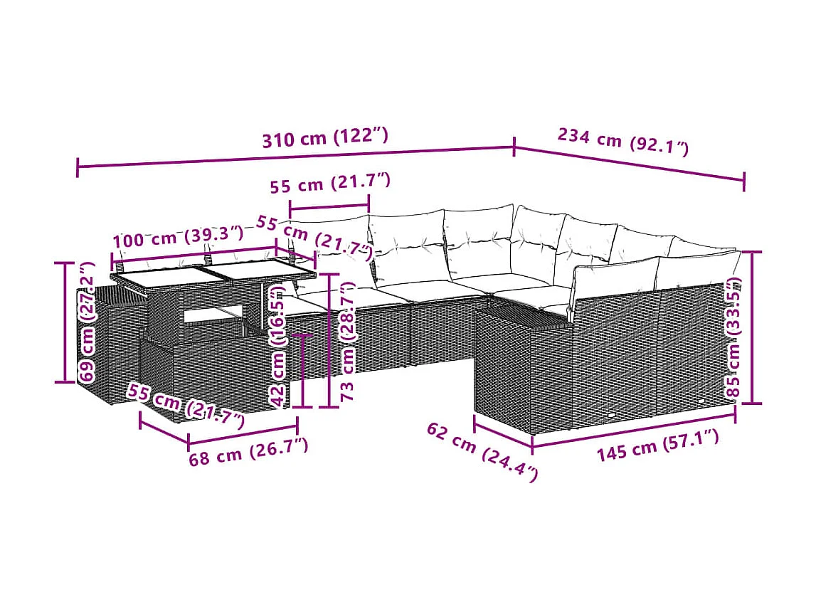 Conjunto de móveis de jardim de 10 peças com almofadas marrons em resina trançada