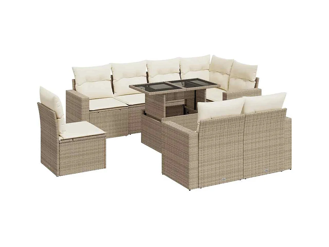 Salon de jardin avec coussins 9 pcs beige résine tressée