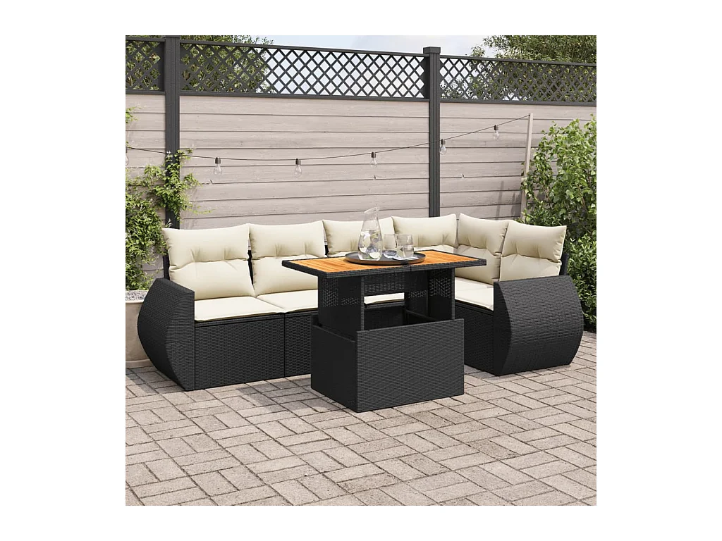 Set di mobili da giardino da 6 pezzi con cuscini neri in resina intrecciata