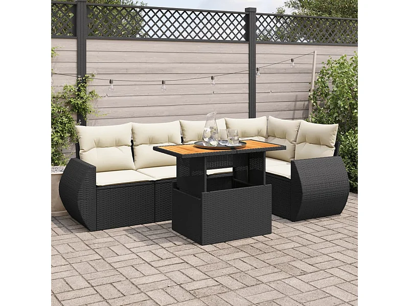 Conjunto de muebles de jardín de 6 piezas con cojines negros en resina trenzada