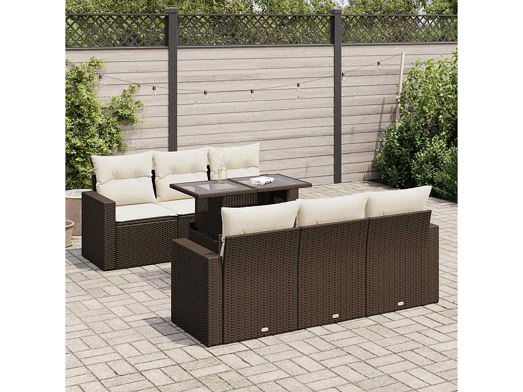 Set mobili da giardino con cuscini 7 pz in resina vimini marrone