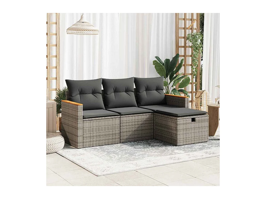 Set di mobili da giardino 4 pezzi con cuscini grigi in resina intrecciata