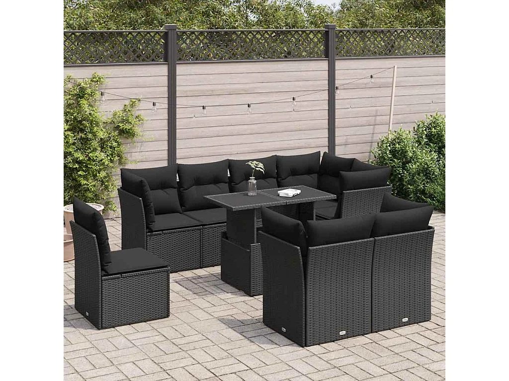 Salon de jardin 9 pcs avec coussins noir résine tressée