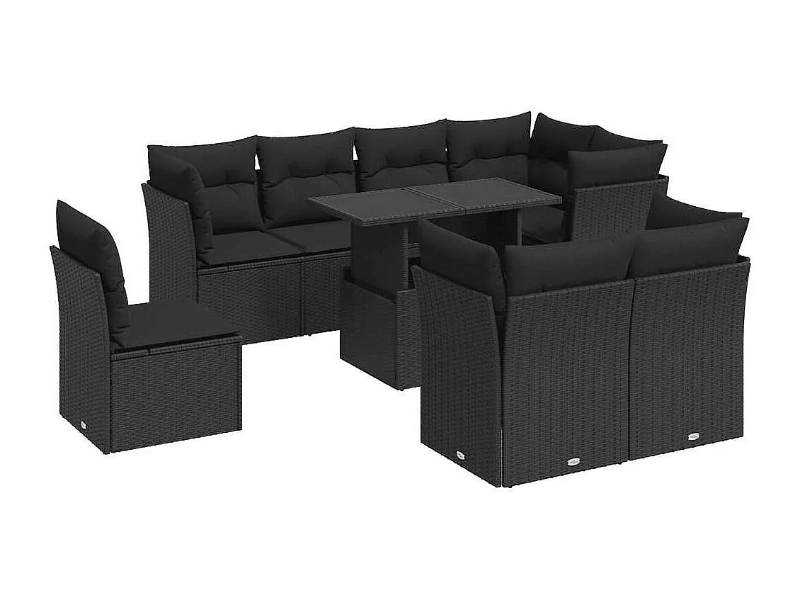 Salon de jardin 9 pcs avec coussins noir résine tressée