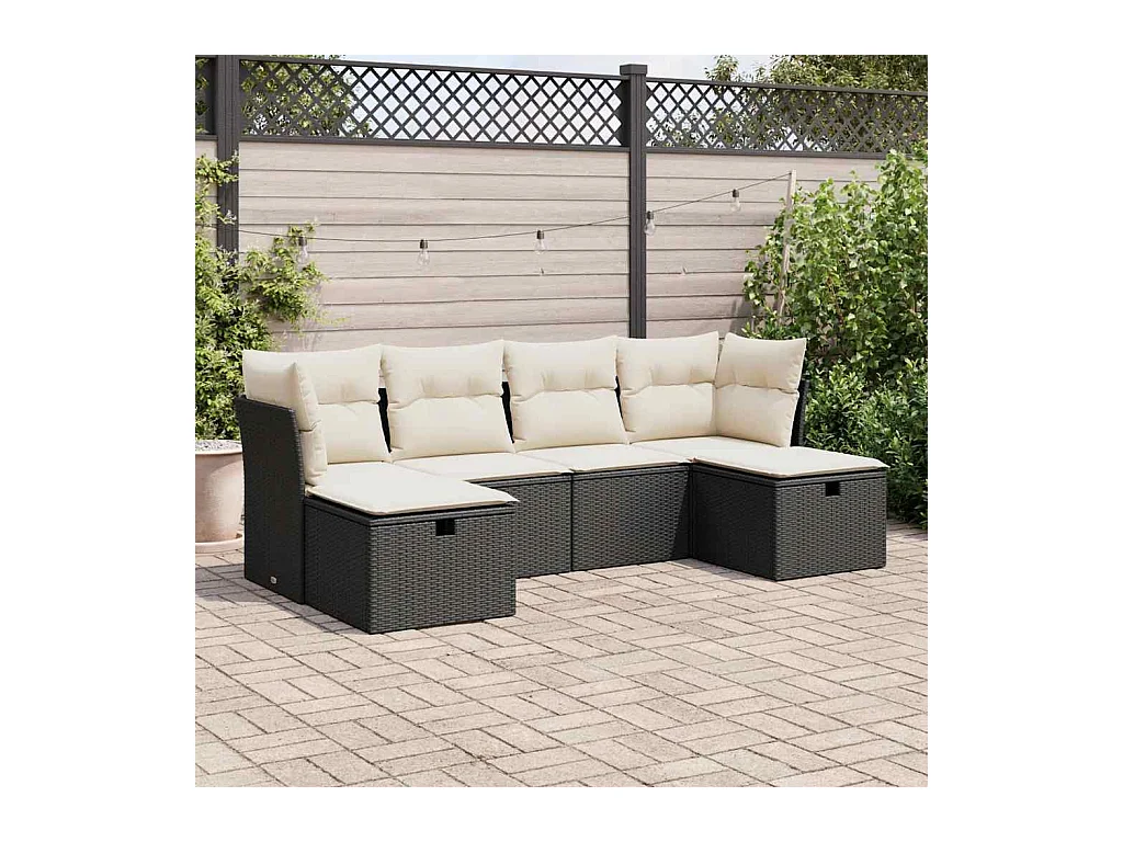 Set di mobili da giardino da 6 pezzi con cuscini neri in resina intrecciata