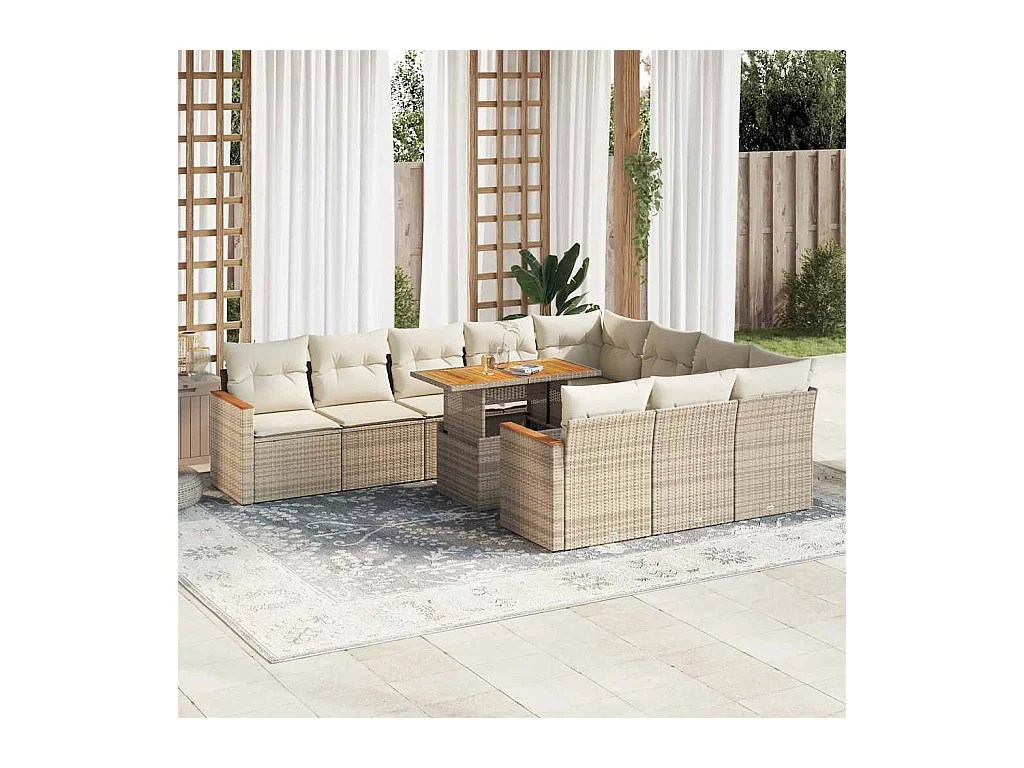 Set di mobili da giardino da 11 pezzi con cuscini beige in resina di vimini di acacia