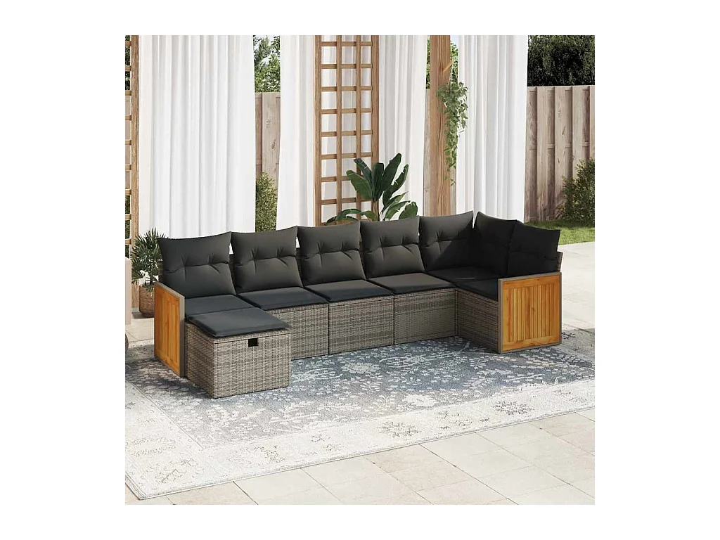 Salon de jardin avec coussins 7 pcs gris résine tressée