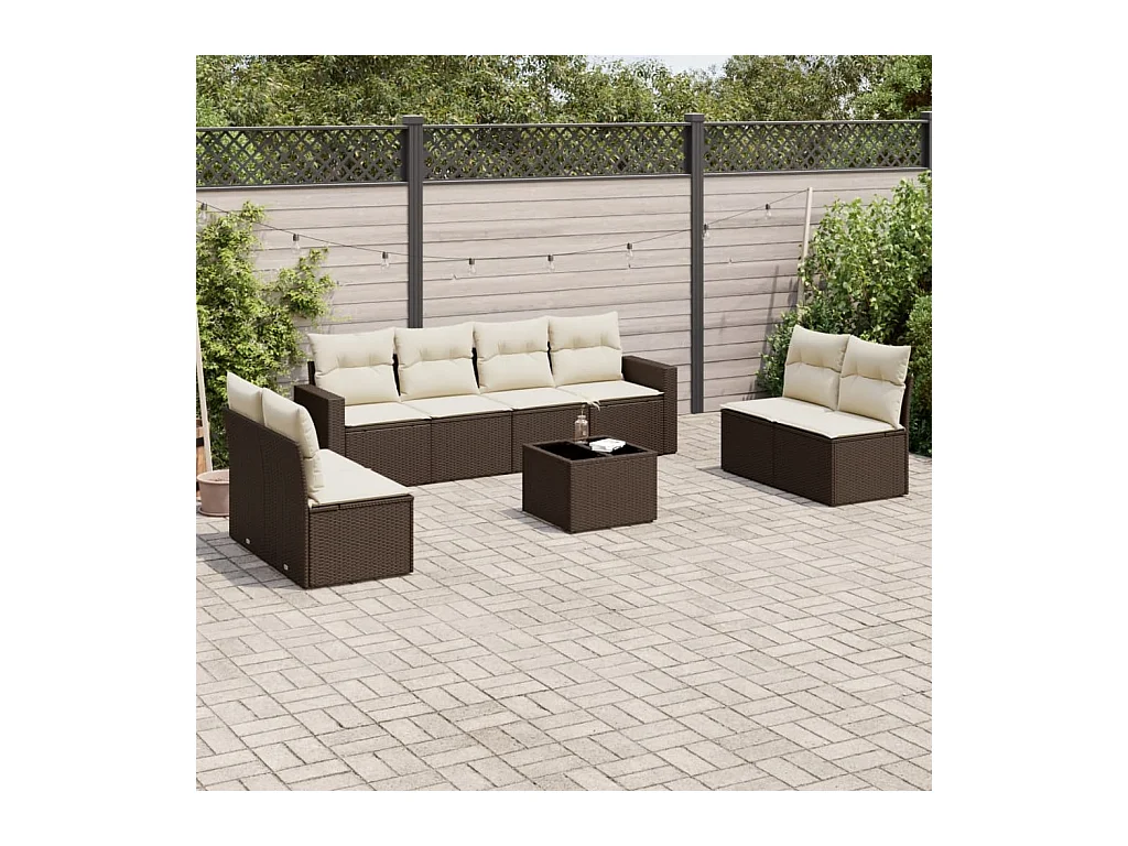 Salon de jardin avec coussins 9 pcs marron résine tressée